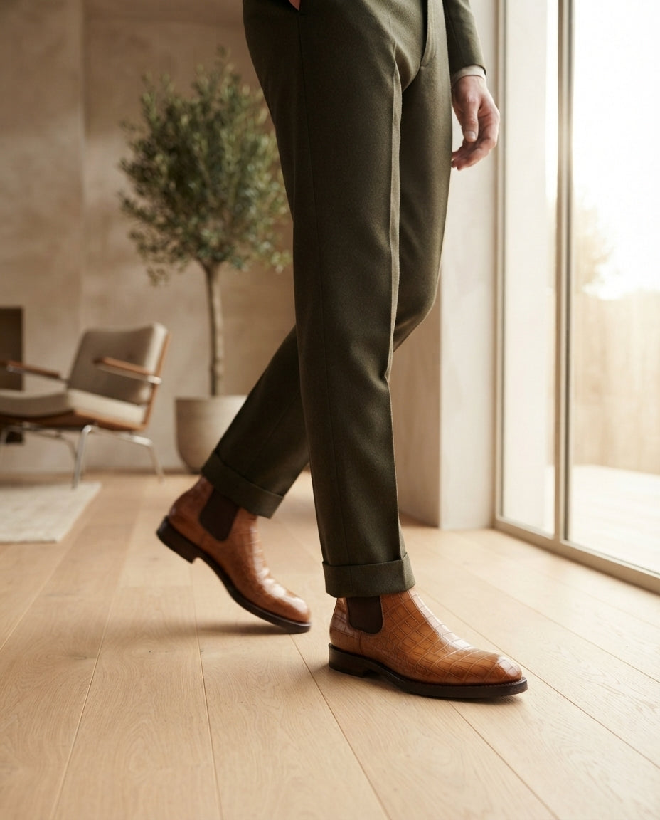 Height Increasing Tan Crocodile-Print Leather Libeccio Chelsea Boot with Natural Leather Sole - 3 Inch Hidden Heel – lifestyle
