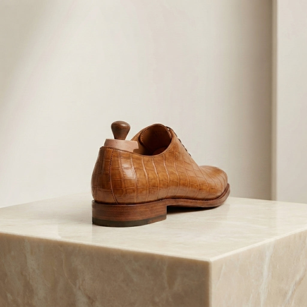 Tan Crocodile-Print Leather Libeccio Chelsea Boot with Natural Leather Sole – heel view