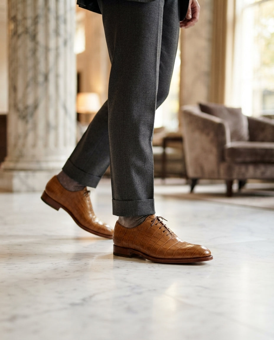 Tan Crocodile-Print Leather Libeccio Chelsea Boot with Natural Leather Sole – lifestyle
