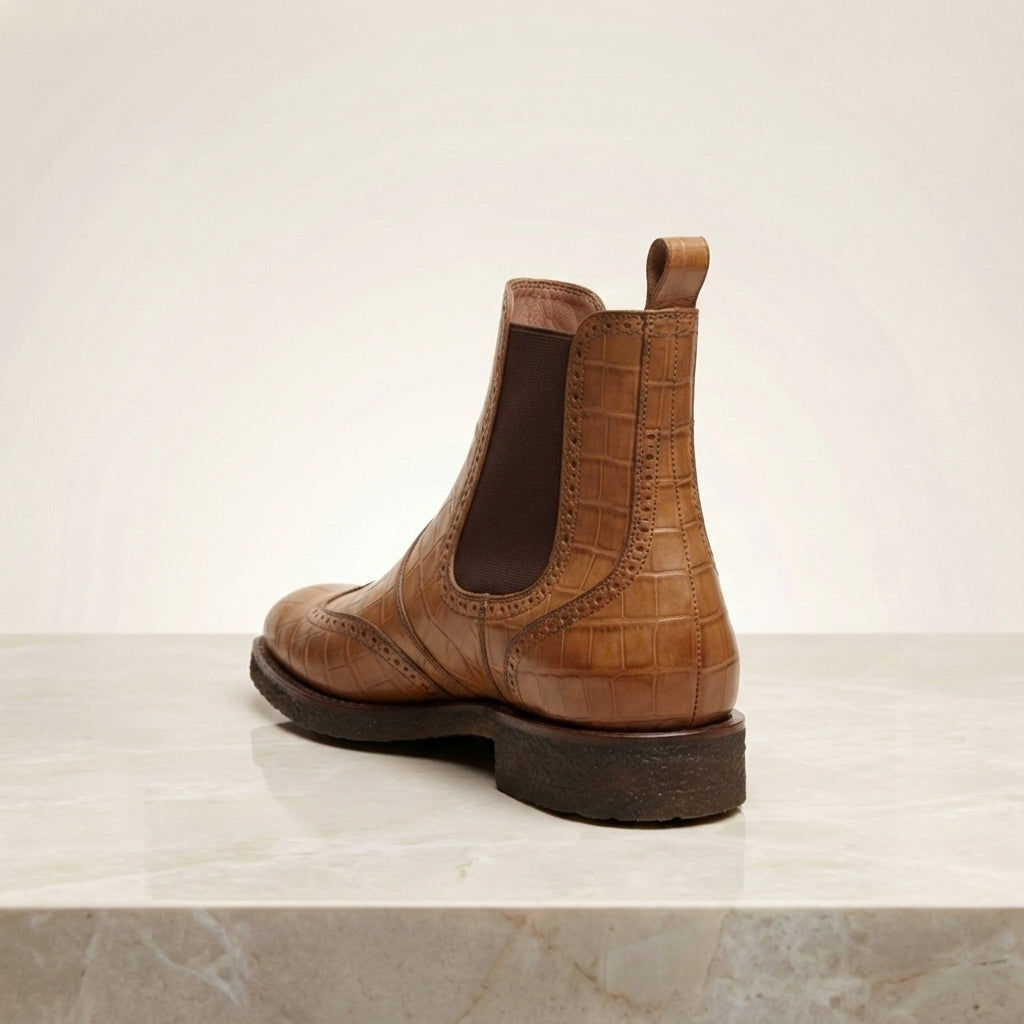Height Increasing Tan Crocodile-Print Leather Tramontana Chelsea Boot with Natural Leather Sole - 3 Inch Hidden Heel – heel view