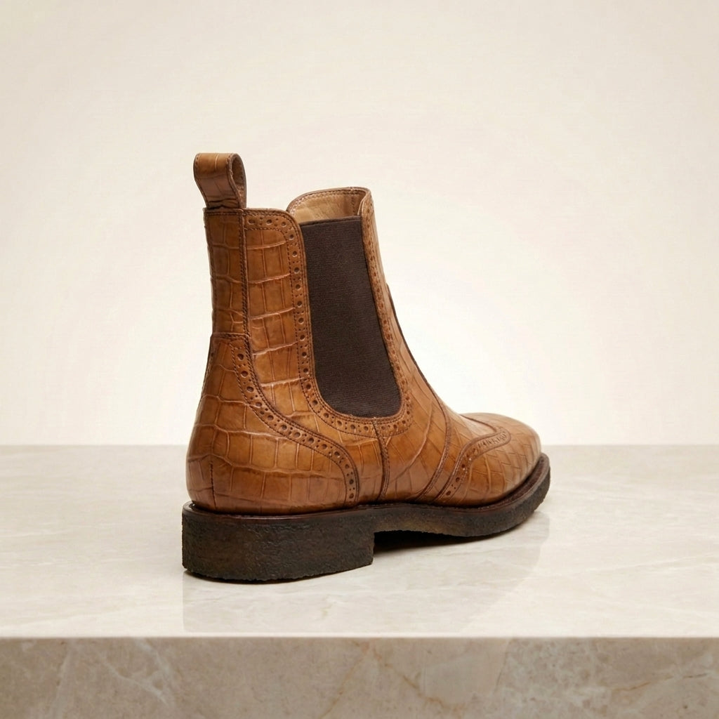 Tan Crocodile-Print Leather Tramontana Chelsea Boot with Natural Leather Sole – heel view