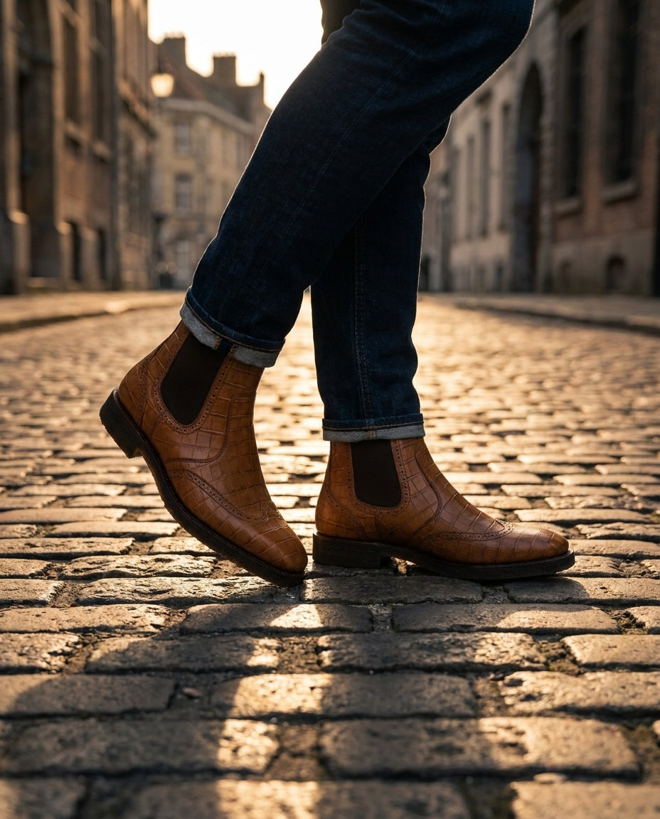 Tan Crocodile-Print Leather Tramontana Chelsea Boot with Natural Leather Sole – lifestyle