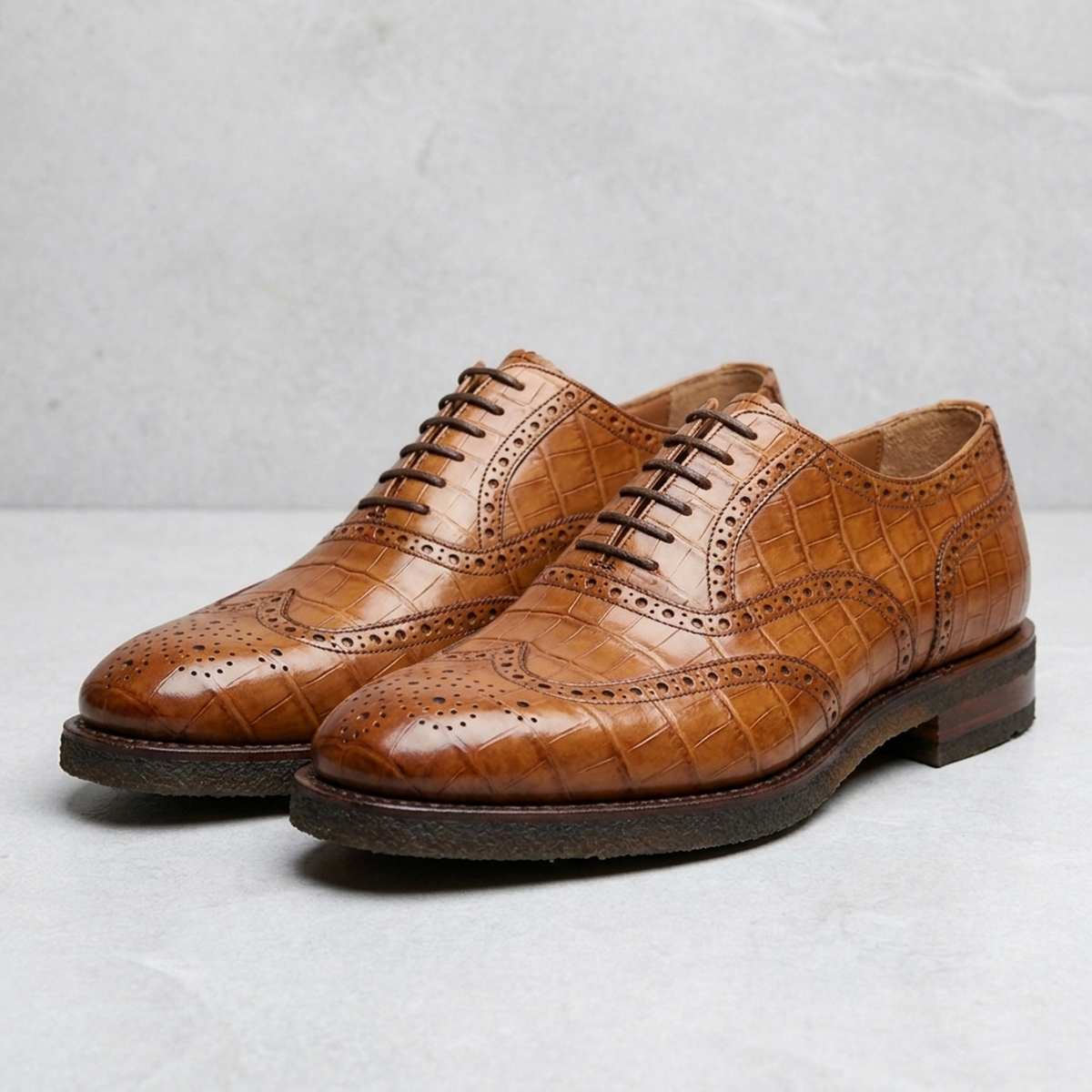 Tan Crocodile-Print Leather Libeccio Oxford with Natural Leather Sole