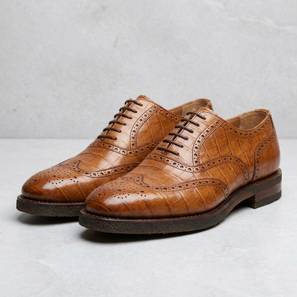Tan Crocodile-Print Leather Libeccio Oxford with Natural Leather Sole