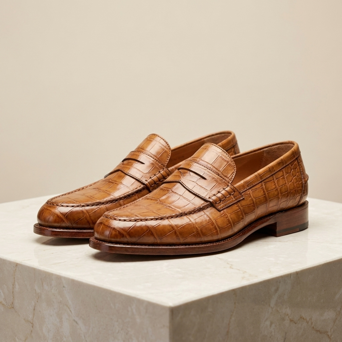 Height Increasing Tan Crocodile-Print Leather Garbin Penny Loafer with Natural Leather Sole - 3 Inch Hidden Heel