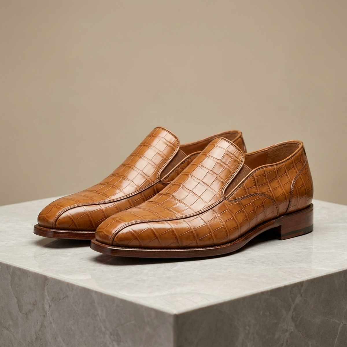 Height Increasing Tan Crocodile-Print Leather Bordighera Slip-On Loafer - 3 Inch Hidden Heel
