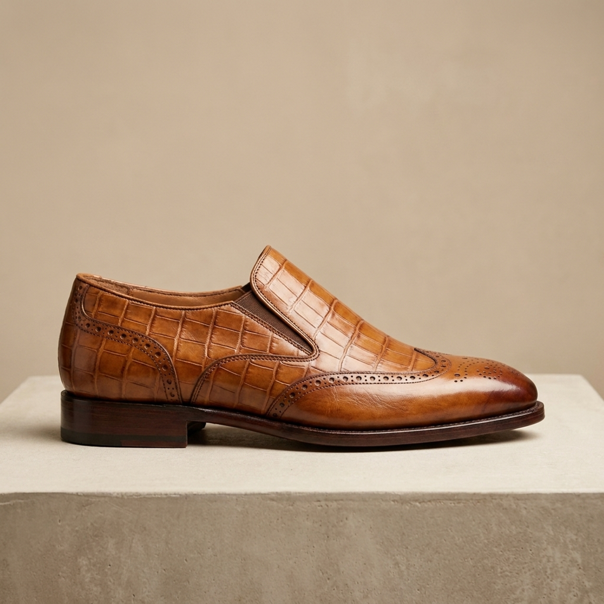 Tan Crocodile-Print Leather Stresa Wingtip Slip-On