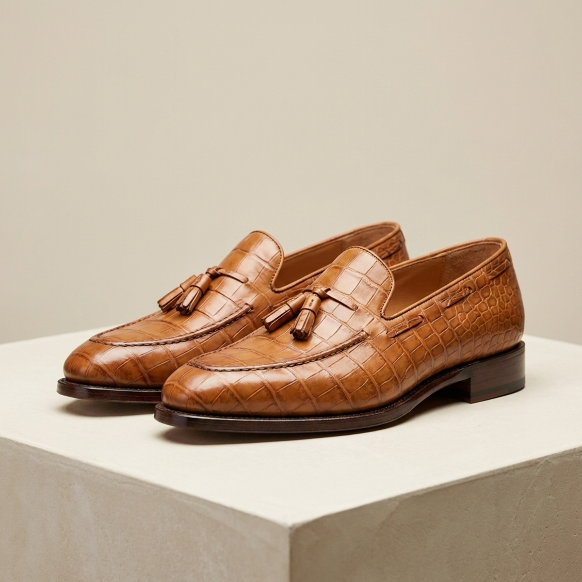 Height Increasing Tan Crocodile-Print Leather Favonio Tassel Loafer with Natural Leather Sole - 3 Inch Hidden Heel