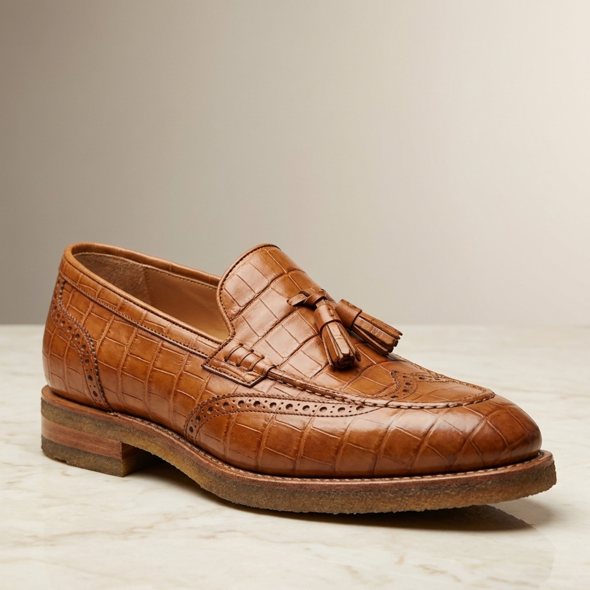 Tan Crocodile-Print Leather Spotorno Wingtip Tassel Loafer with Natural Crepe Sole