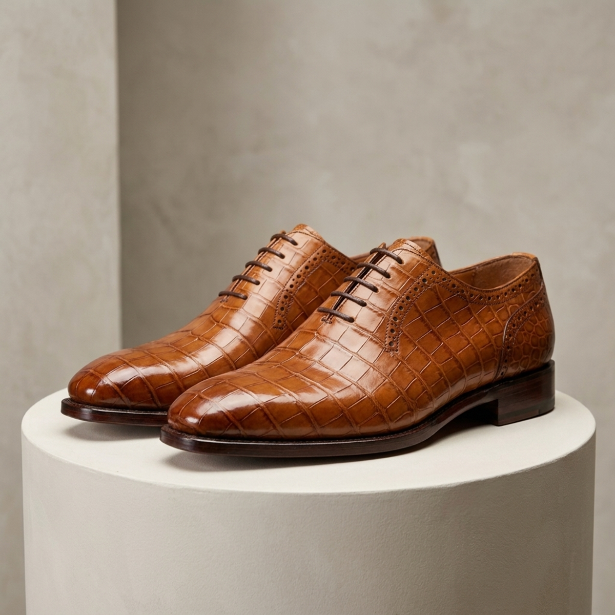 Tan Crocodile-Print Leather Libeccio Whole Cut Oxford with Natural Leather Sole