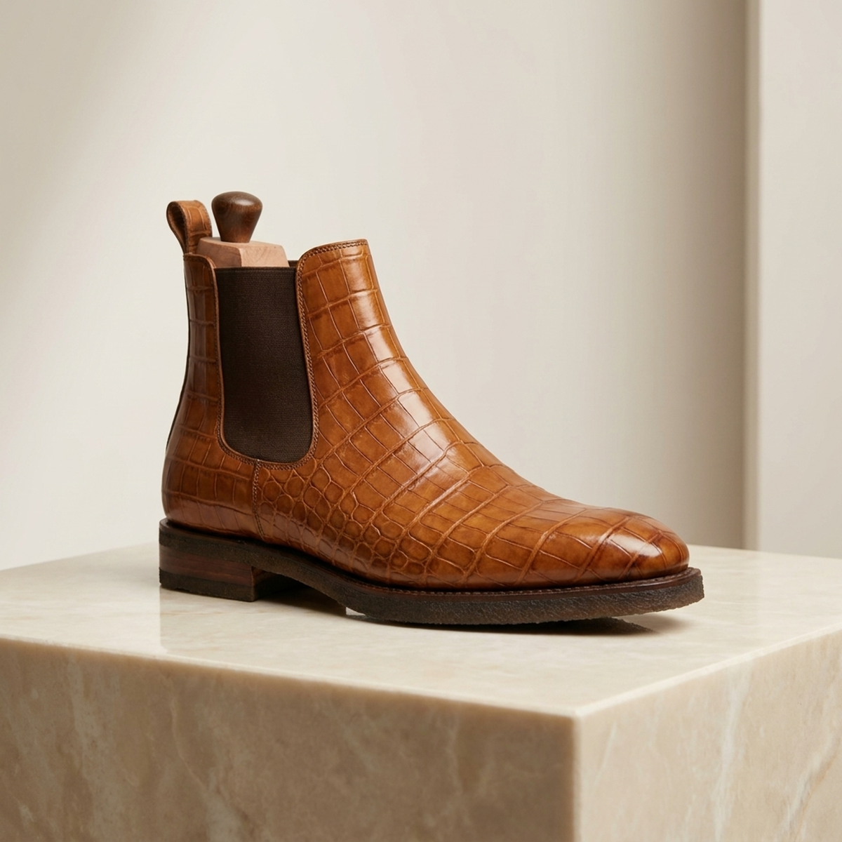 Tan Crocodile-Print Leather Libeccio Chelsea Boot with Natural Leather Sole