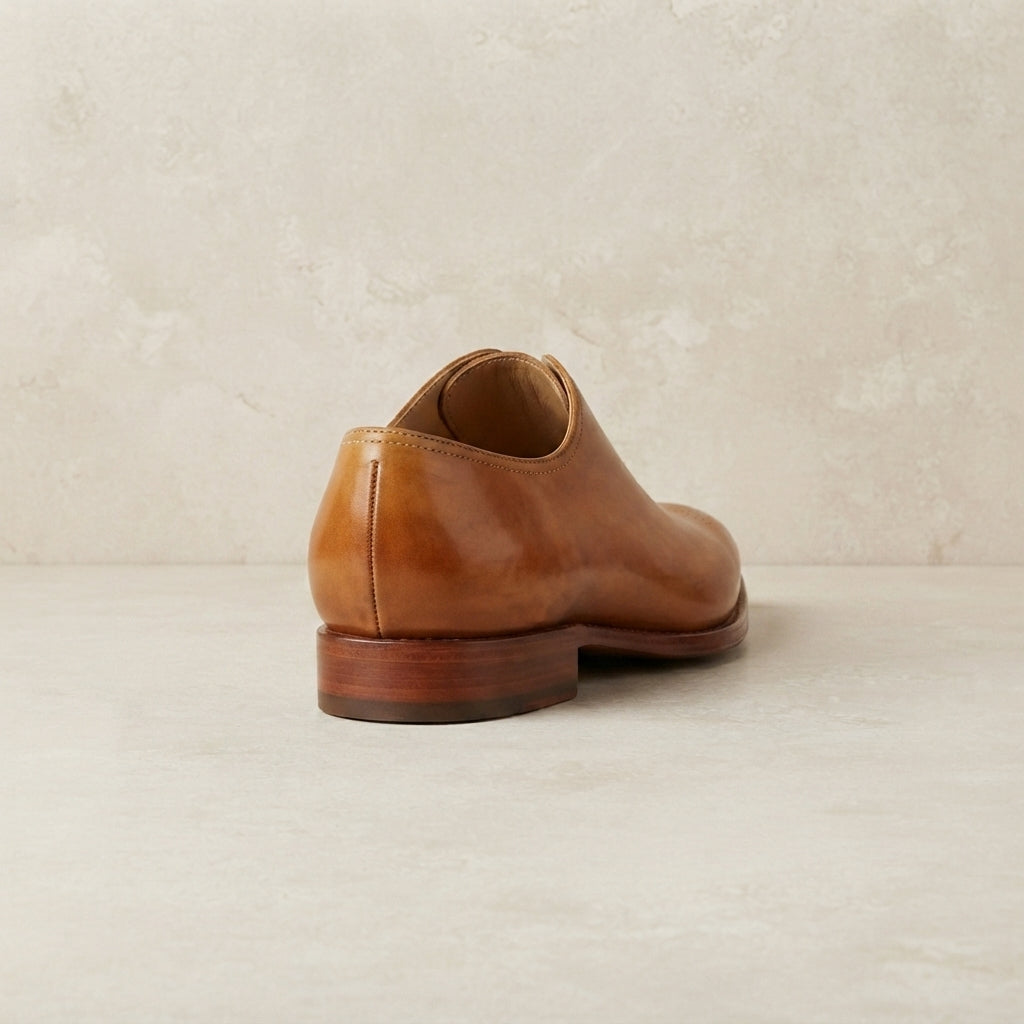 Height Increasing Tan Leather Libeccio Whole Cut Oxford with Natural Leather Sole - 3 Inch Hidden Heel – heel view