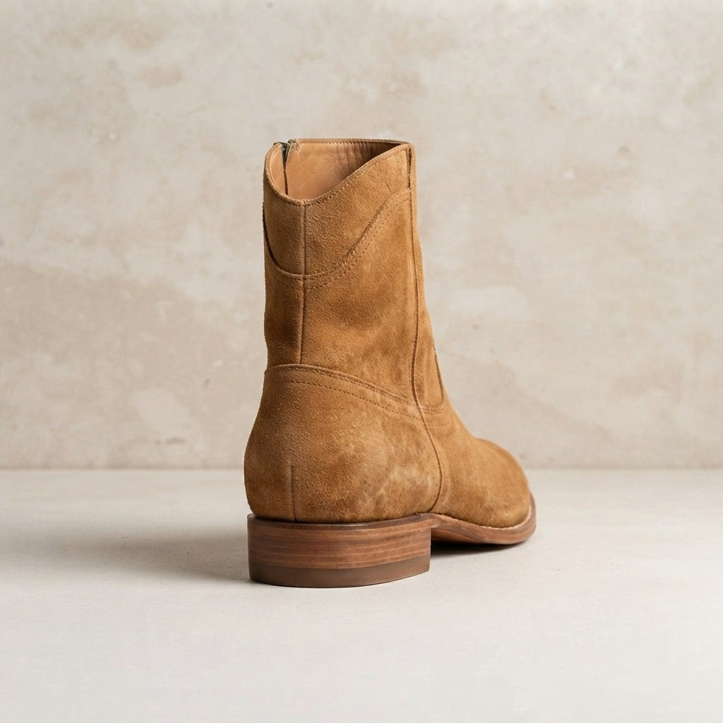 Height Increasing Tan Leather Scirocco Boot with Natural Leather Sole - 3 Inch Hidden Heel – heel view