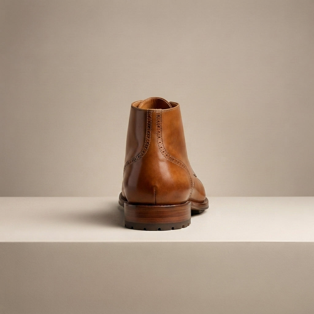 Height Increasing Tan Leather Scirocco Boot with Natural Leather Sole - 3 Inch Hidden Heel – heel view
