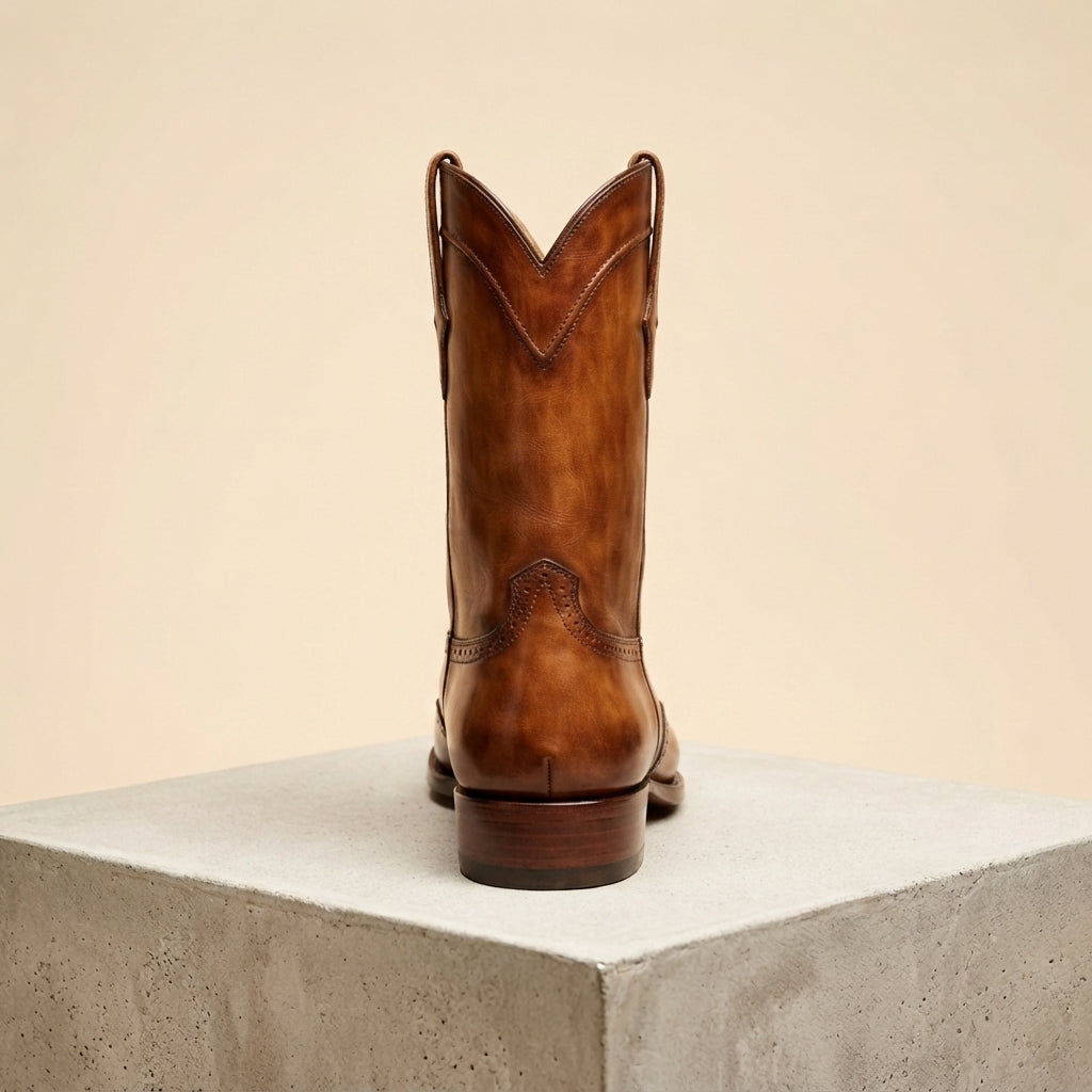 Height Increasing Tan Patina Leather Burrasca Cowboy Boot with Natural Leather Sole - 3 Inch Hidden Heel – heel view