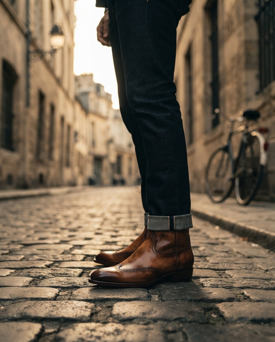 Height Increasing Tan Patina Leather Burrasca Cowboy Boot with Natural Leather Sole - 3 Inch Hidden Heel – lifestyle