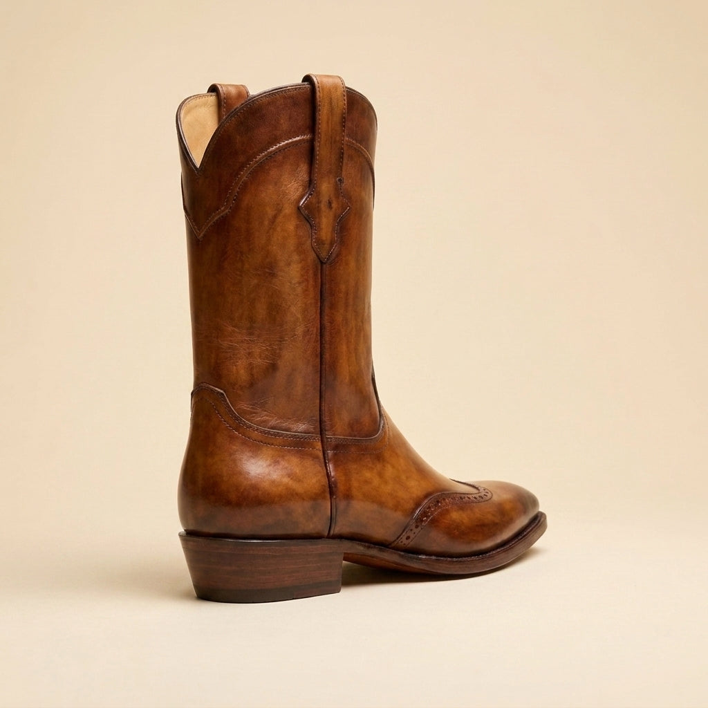 Tan Patina Leather Burrasca Cowboy Boot with Natural Leather Sole – heel view