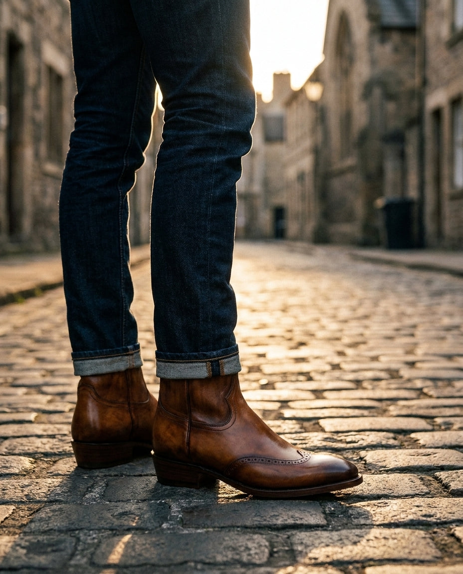 Tan Patina Leather Burrasca Cowboy Boot with Natural Leather Sole – lifestyle