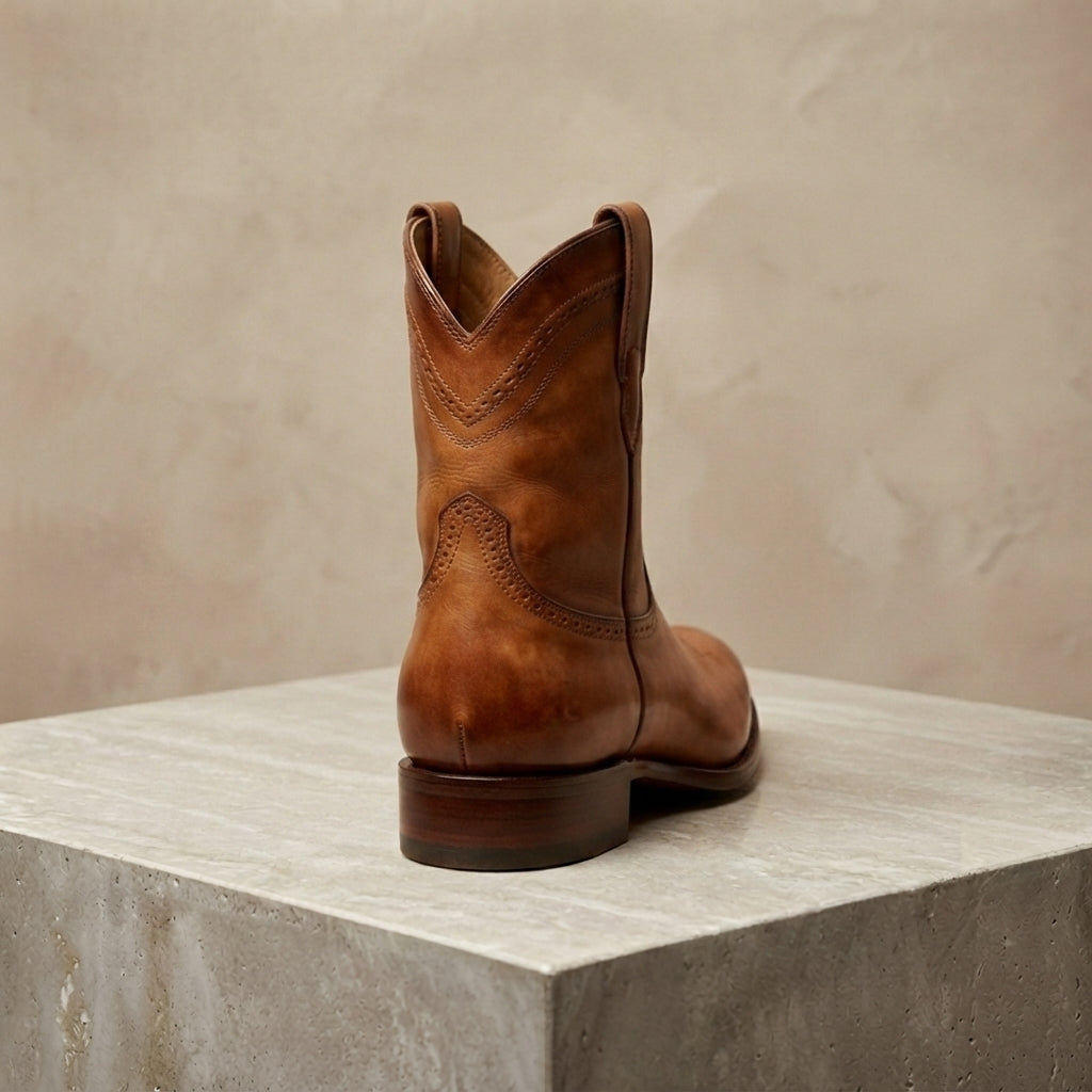 Height Increasing Tan Patina Leather Burrasca Cowboy Boot with Natural Leather Sole - 3 Inch Hidden Heel – heel view