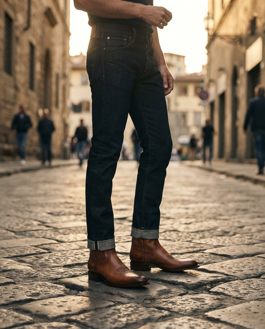 Height Increasing Tan Patina Leather Burrasca Cowboy Boot with Natural Leather Sole - 3 Inch Hidden Heel – lifestyle