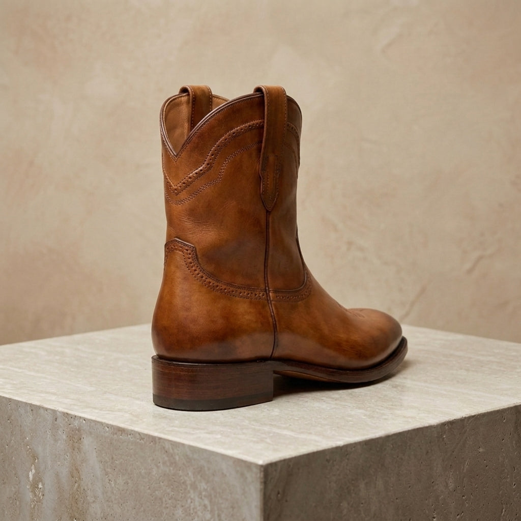 Tan Patina Leather Burrasca Cowboy Boot with Natural Leather Sole – heel view
