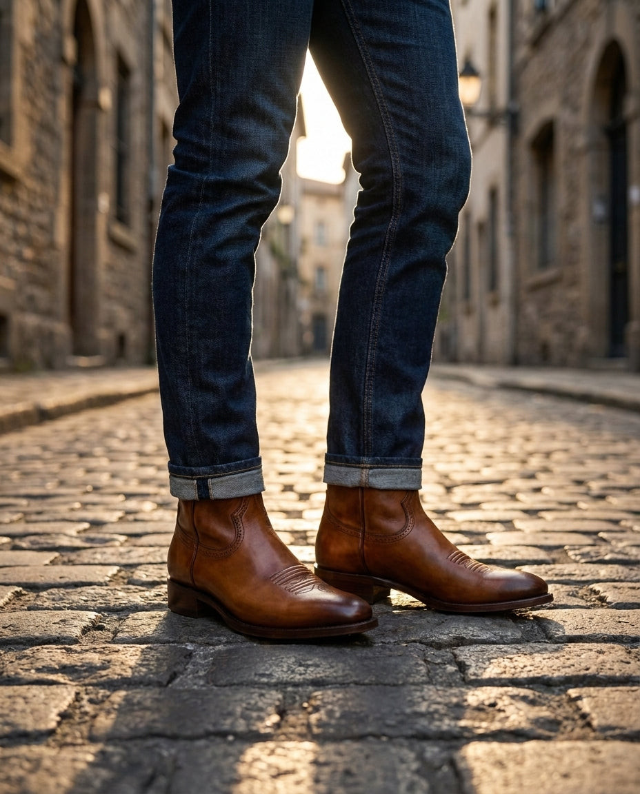 Tan Patina Leather Burrasca Cowboy Boot with Natural Leather Sole – lifestyle