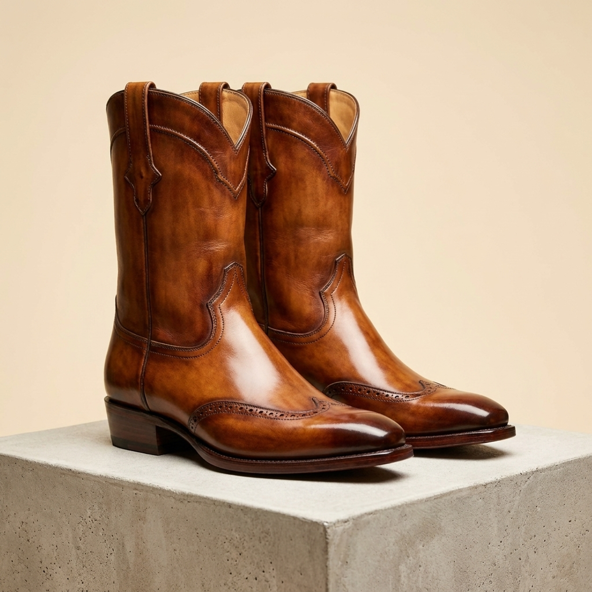 Height Increasing Tan Patina Leather Burrasca Wingtip Cowboy Boot with Natural Leather Sole - 3 Inch Hidden Heel