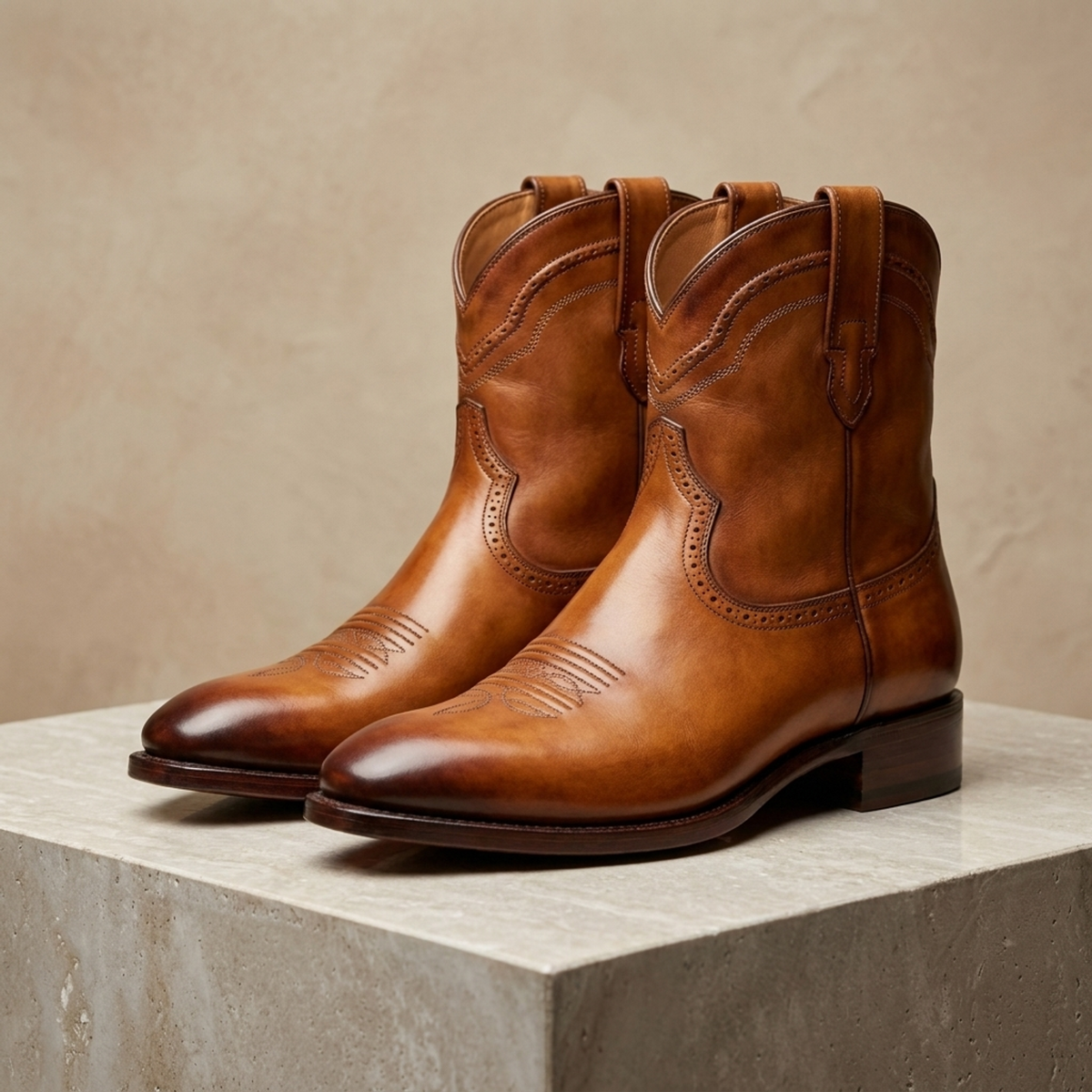 Height Increasing Tan Patina Leather Finale Cowboy Boot with Natural Leather Sole - 3 Inch Hidden Heel