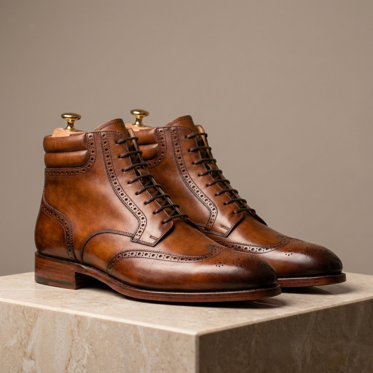 Height Increasing Tan Patina Leather Levante Wingtip Lace-Up Boot - 3 Inch Hidden Heel