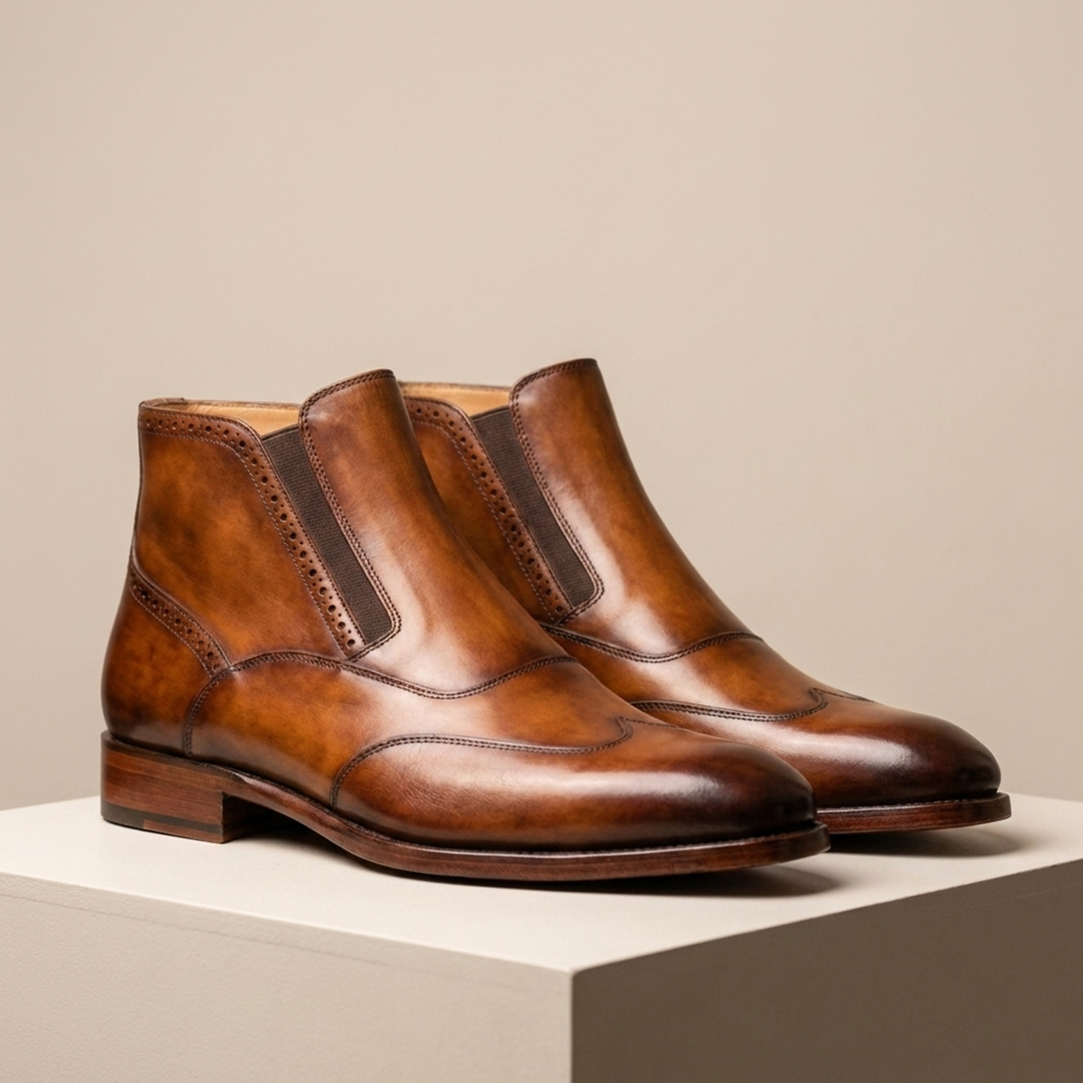 Height Increasing Tan Patina Leather Grecale Wingtip Chelsea Boot - 3 Inch Hidden Heel