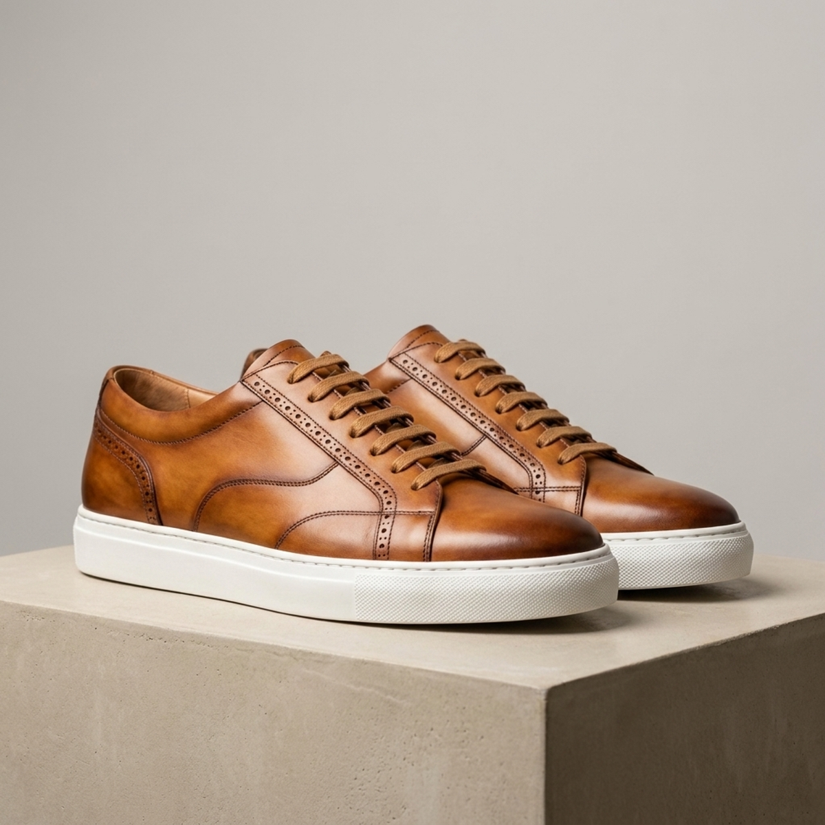 Height Increasing Tan Patina Leather Livorno Lace-Up Sneaker with White Cup Sole - 3 Inch Hidden Heel