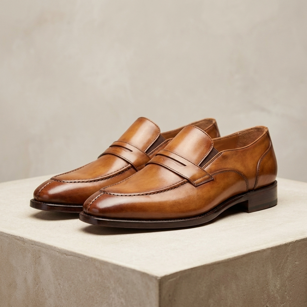 Height Increasing Tan Patina Leather Otranto Penny Loafer - 3 Inch Hidden Heel