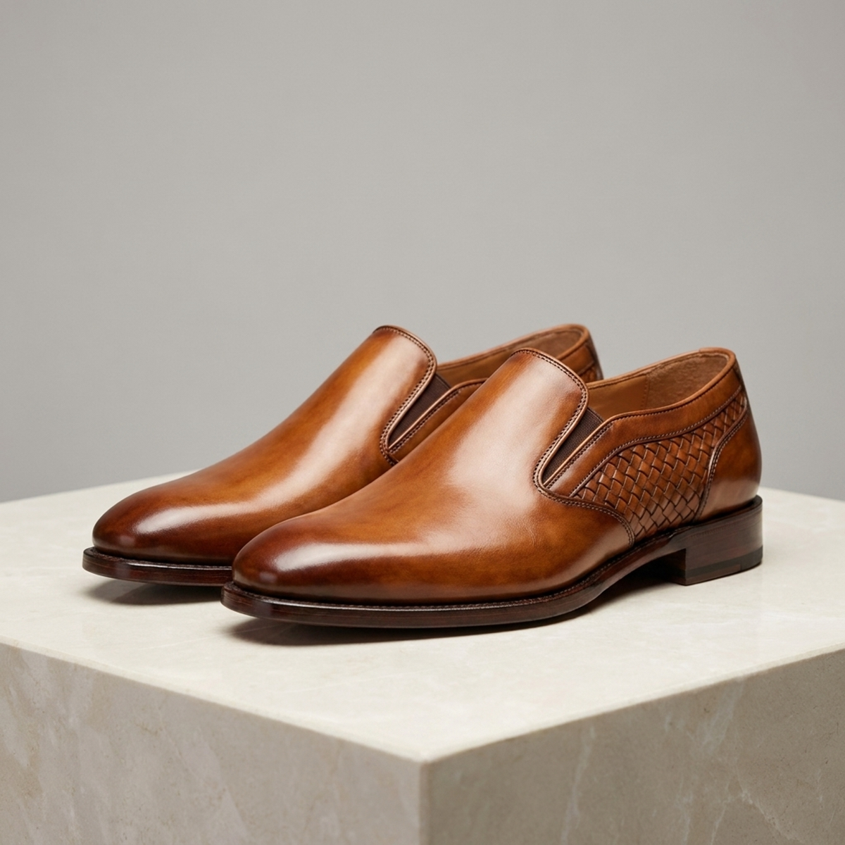 Tan Patina Leather Taormina Woven-Panel Slip-On