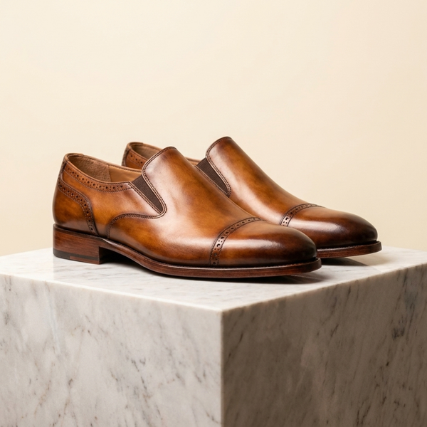 Tan Patina Leather Rapallo Cap-Toe Slip-On