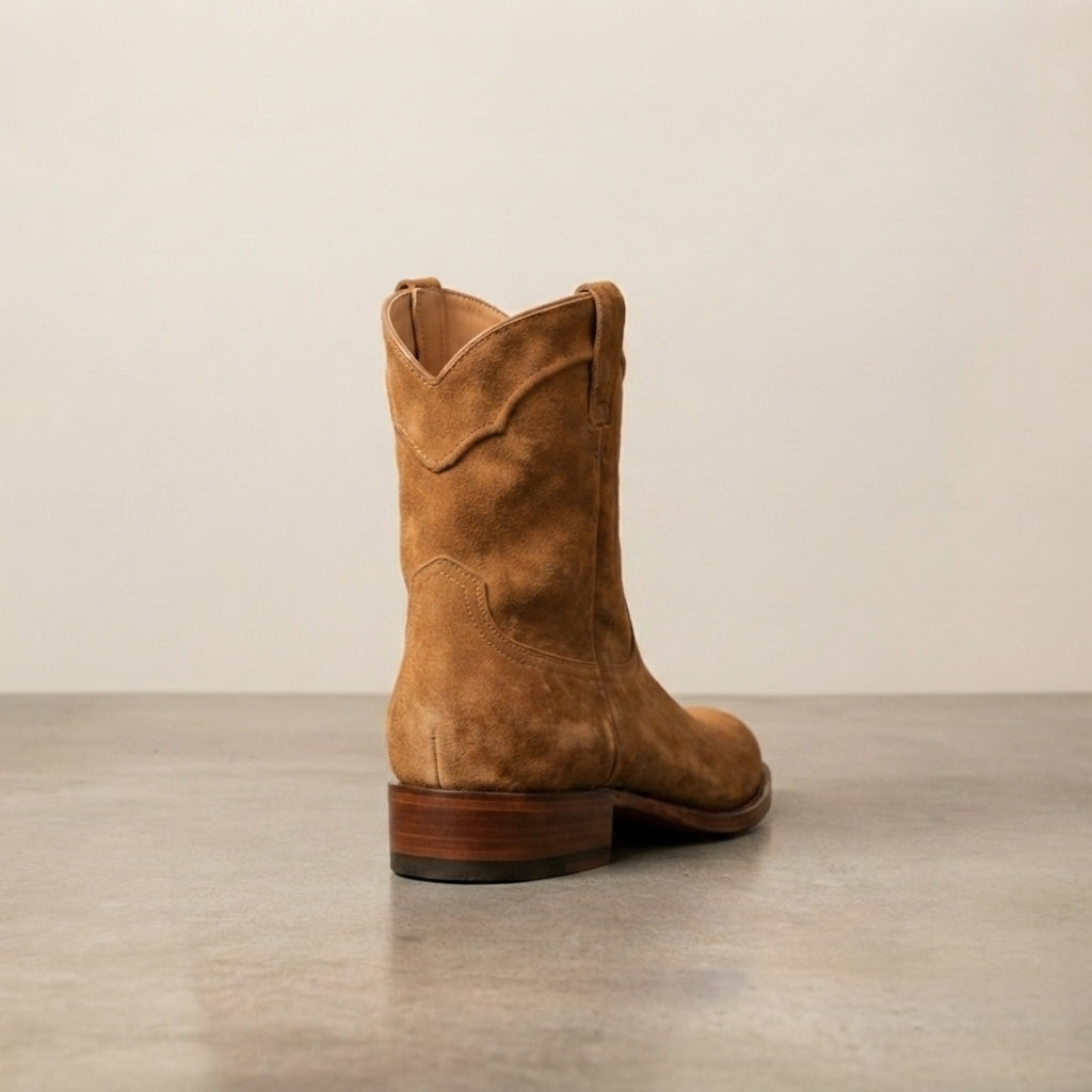 Height Increasing Tan Suede Burrasca Zipper Cowboy Boot with Natural Leather Sole - 3 Inch Hidden Heel – heel view