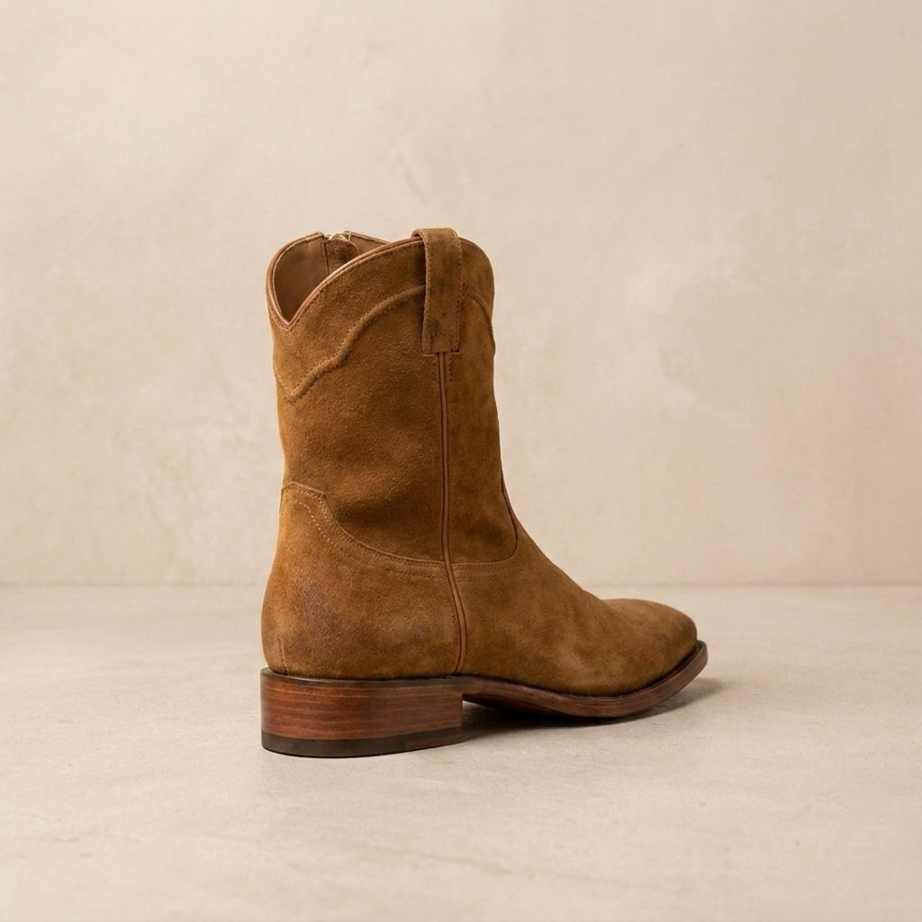 Tan Suede Burrasca Zipper Cowboy Boot with Natural Leather Sole – heel view