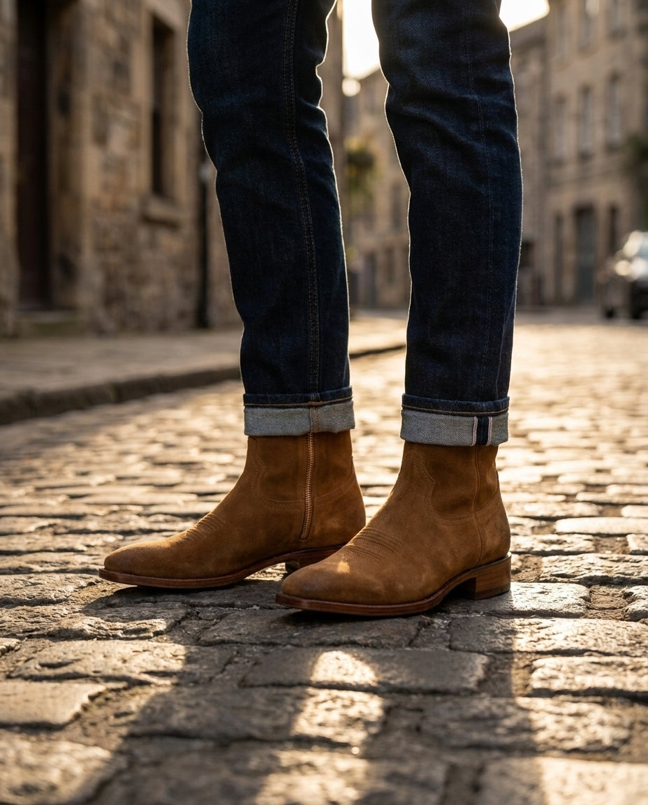 Tan Suede Burrasca Zipper Cowboy Boot with Natural Leather Sole – lifestyle