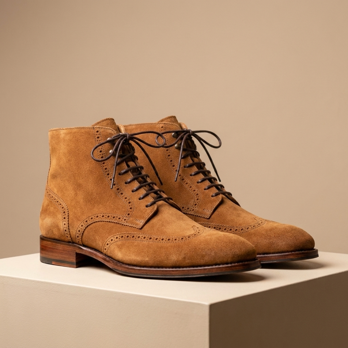 Height Increasing Tan Suede Scirocco Wingtip Lace-Up Boot - 3 Inch Hidden Heel