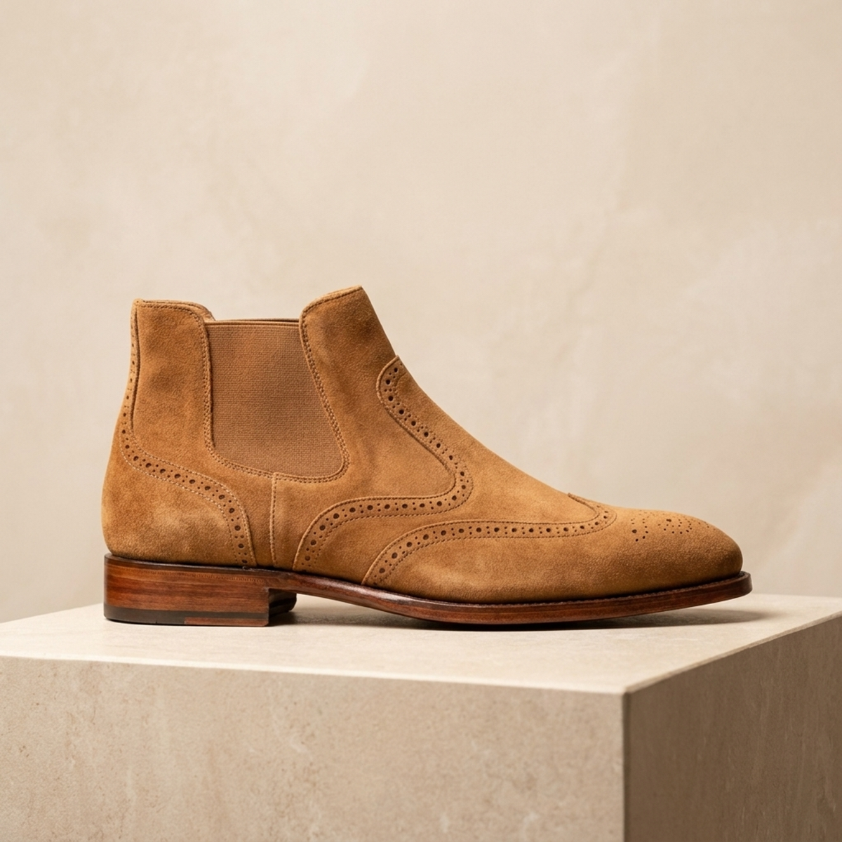 Height Increasing Tan Suede Libeccio Wingtip Chelsea Boot - 3 Inch Hidden Heel