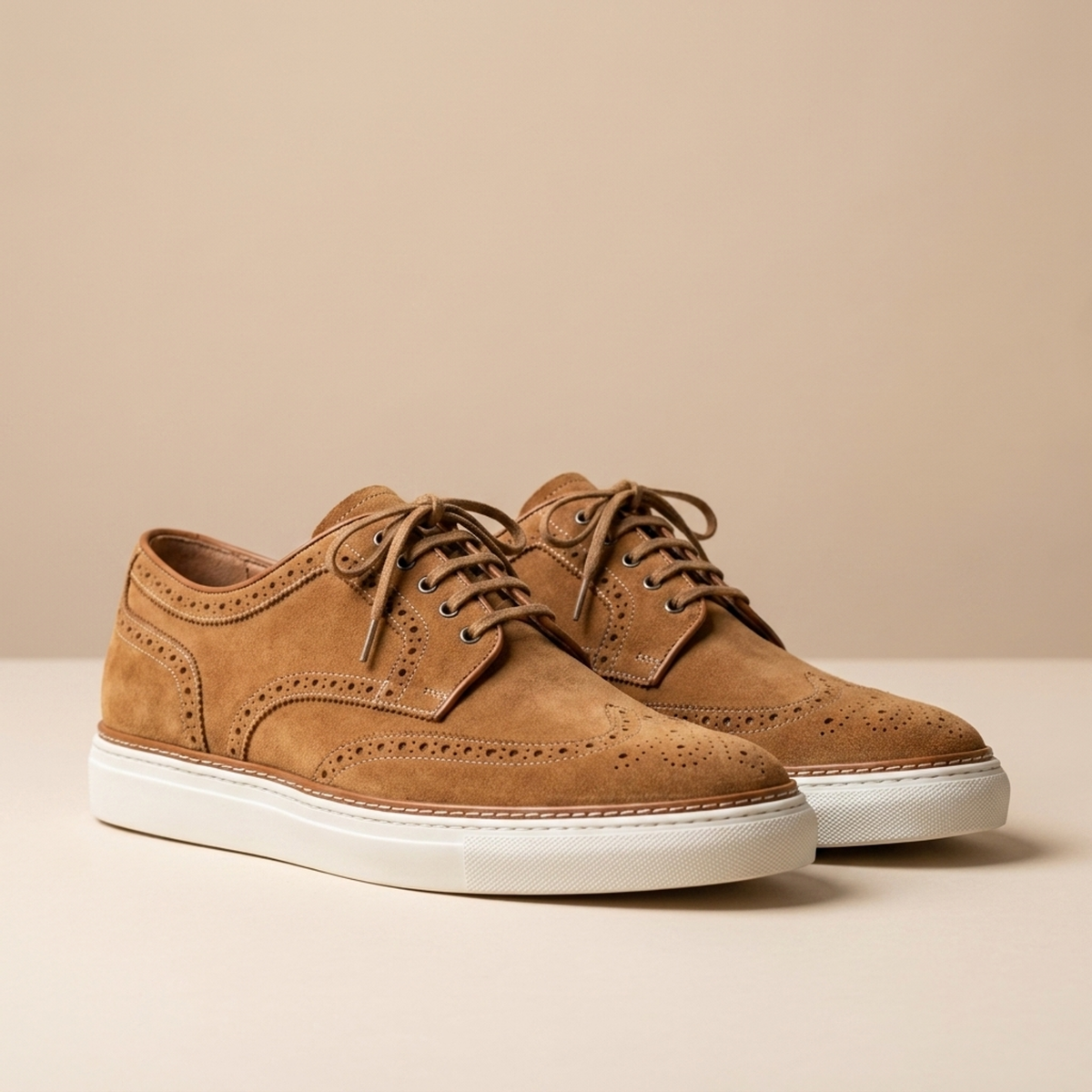 Height Increasing Tan Suede Ravello Lace-Up Sneaker with White Cup Sole - 3 Inch Hidden Heel