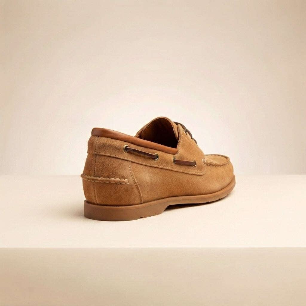 Height Increasing Tan Suede Levante Boat Shoe with Natural Rubber Sole - 3 Inch Hidden Heel – heel view