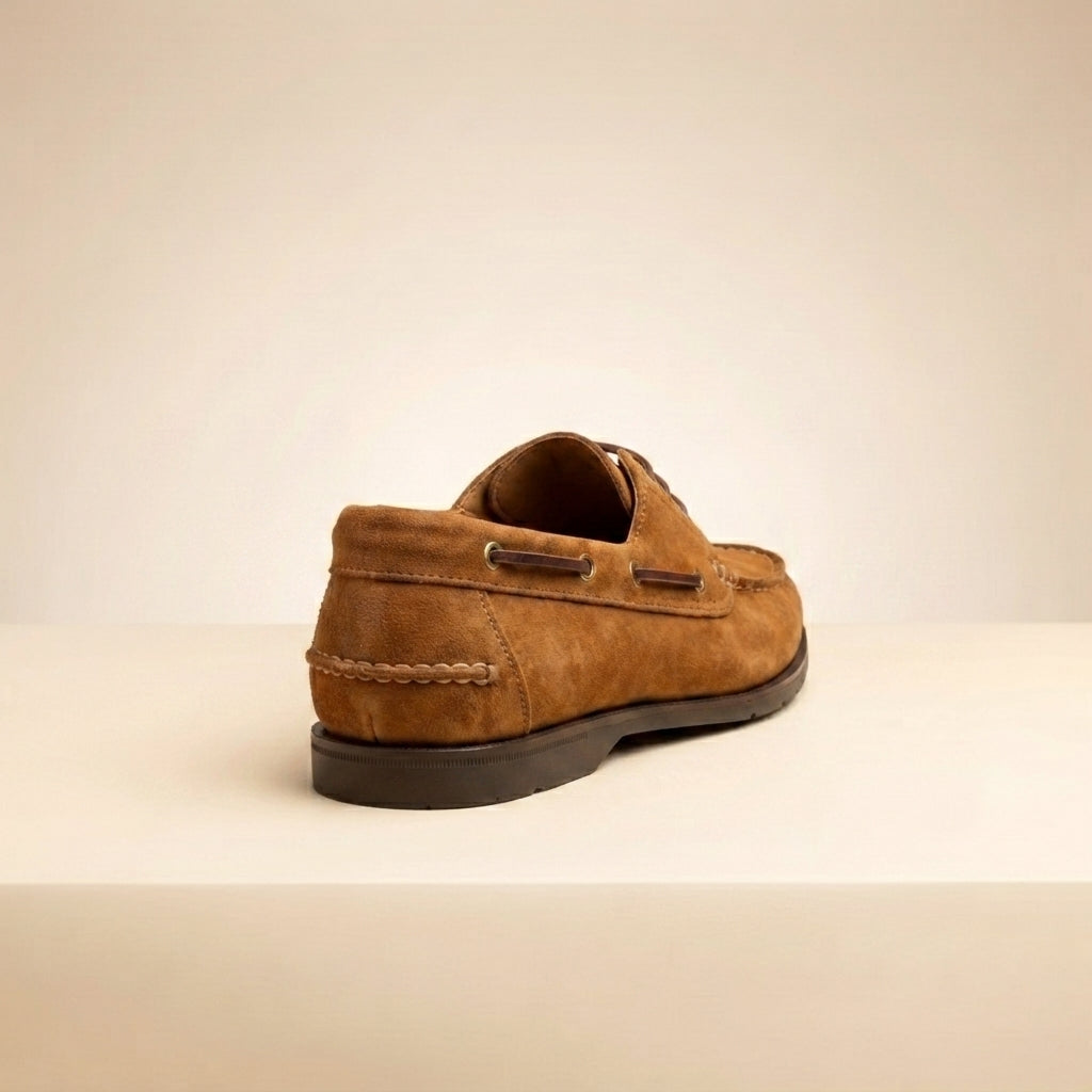 Tan Suede Levante Boat Shoe with Natural Rubber Sole – heel view