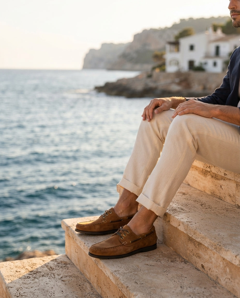 Tan Suede Levante Boat Shoe with Natural Rubber Sole – lifestyle