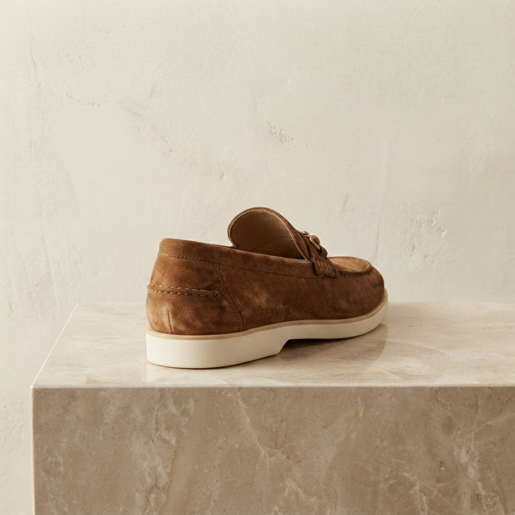 Tan Suede Mildew Horse Bit Loafer with White Yatch Sole – heel view