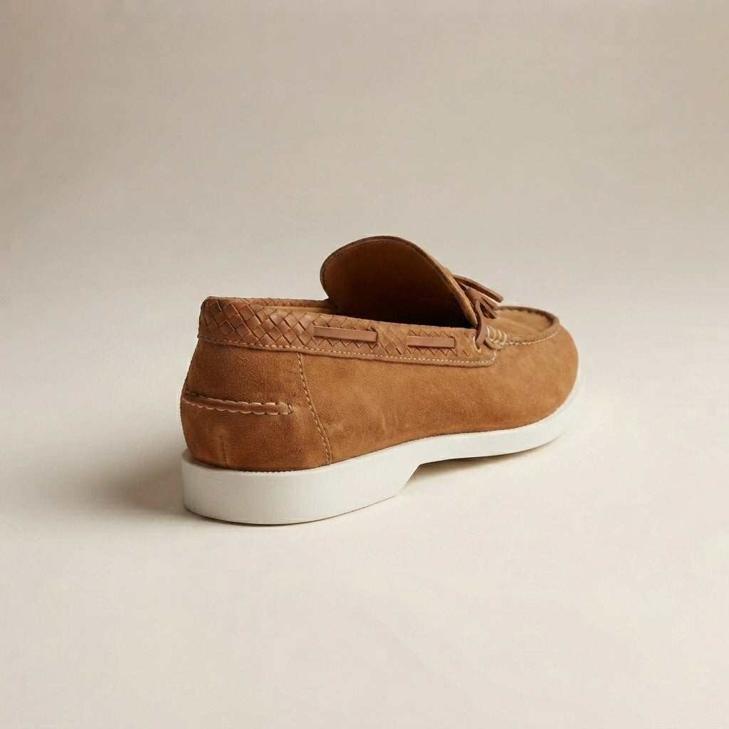 Height Increasing Tan Suede Mildew Loafer with White Yacht Sole - 3 Inch Hidden Heel – heel view