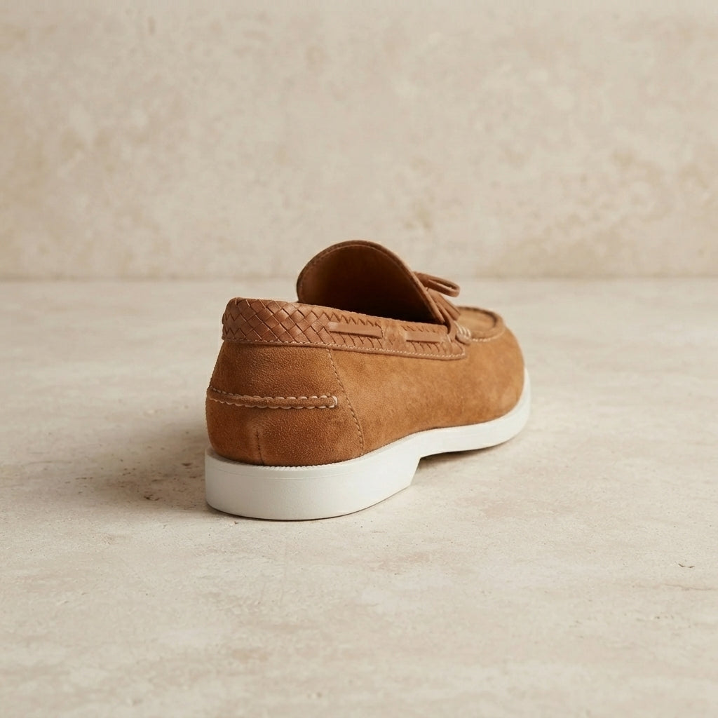 Tan Suede Mildew Loafer with White Yacht Sole – heel view