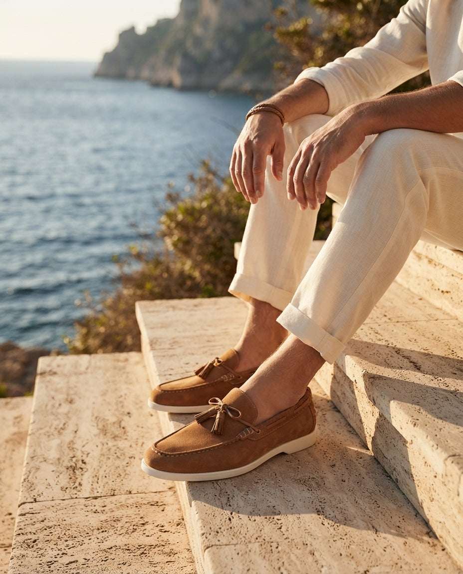 Tan Suede Mildew Loafer with White Yacht Sole – lifestyle