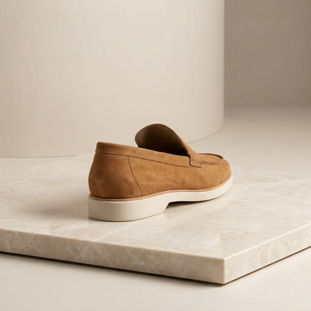 Height Increasing Tan Suede Mildew Loafer with White Yacht Sole - 3 Inch Hidden Heel – heel view