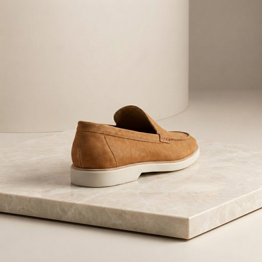 Tan Suede Mildew Loafer with White Yacht Sole – heel view