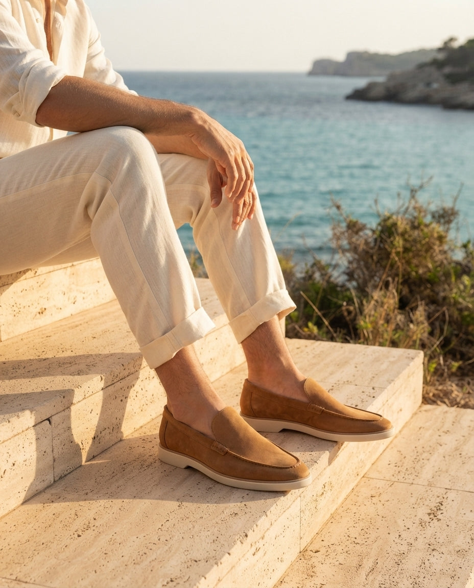 Tan Suede Mildew Loafer with White Yacht Sole – lifestyle